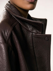 Reiss | Oversize Grained-Leather Bomber Jacket in Burgundy