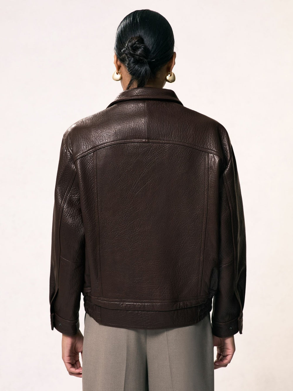 Reiss | Oversize Grained-Leather Bomber Jacket in Burgundy