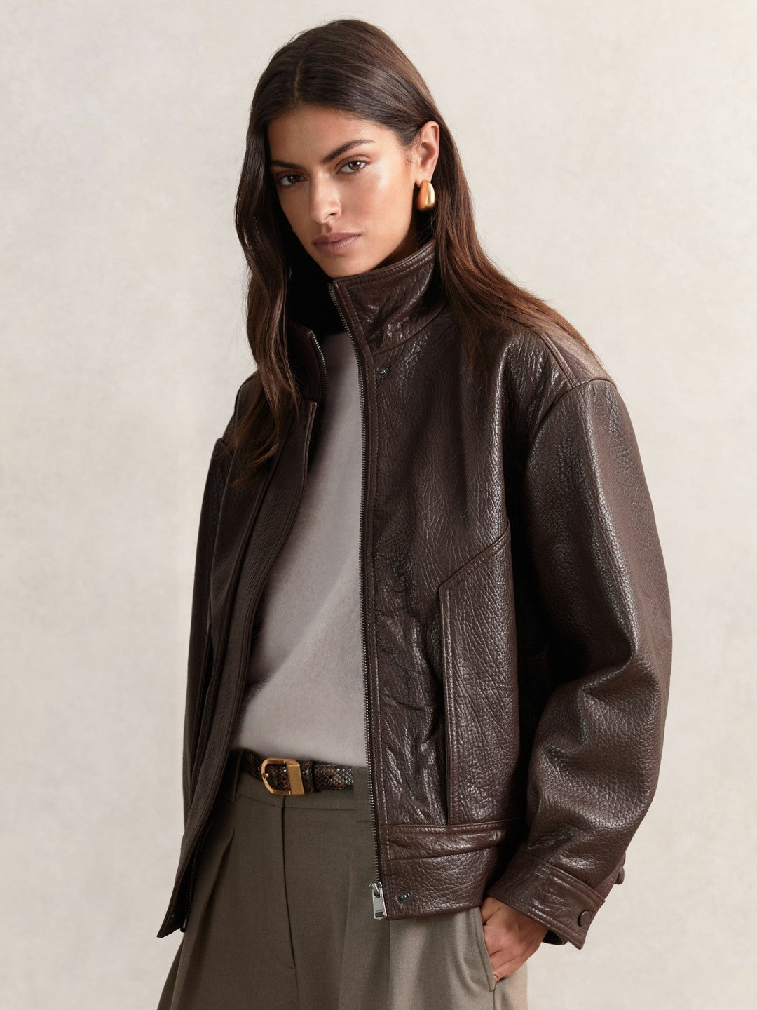 Reiss | Oversize Grained-Leather Bomber Jacket in Burgundy