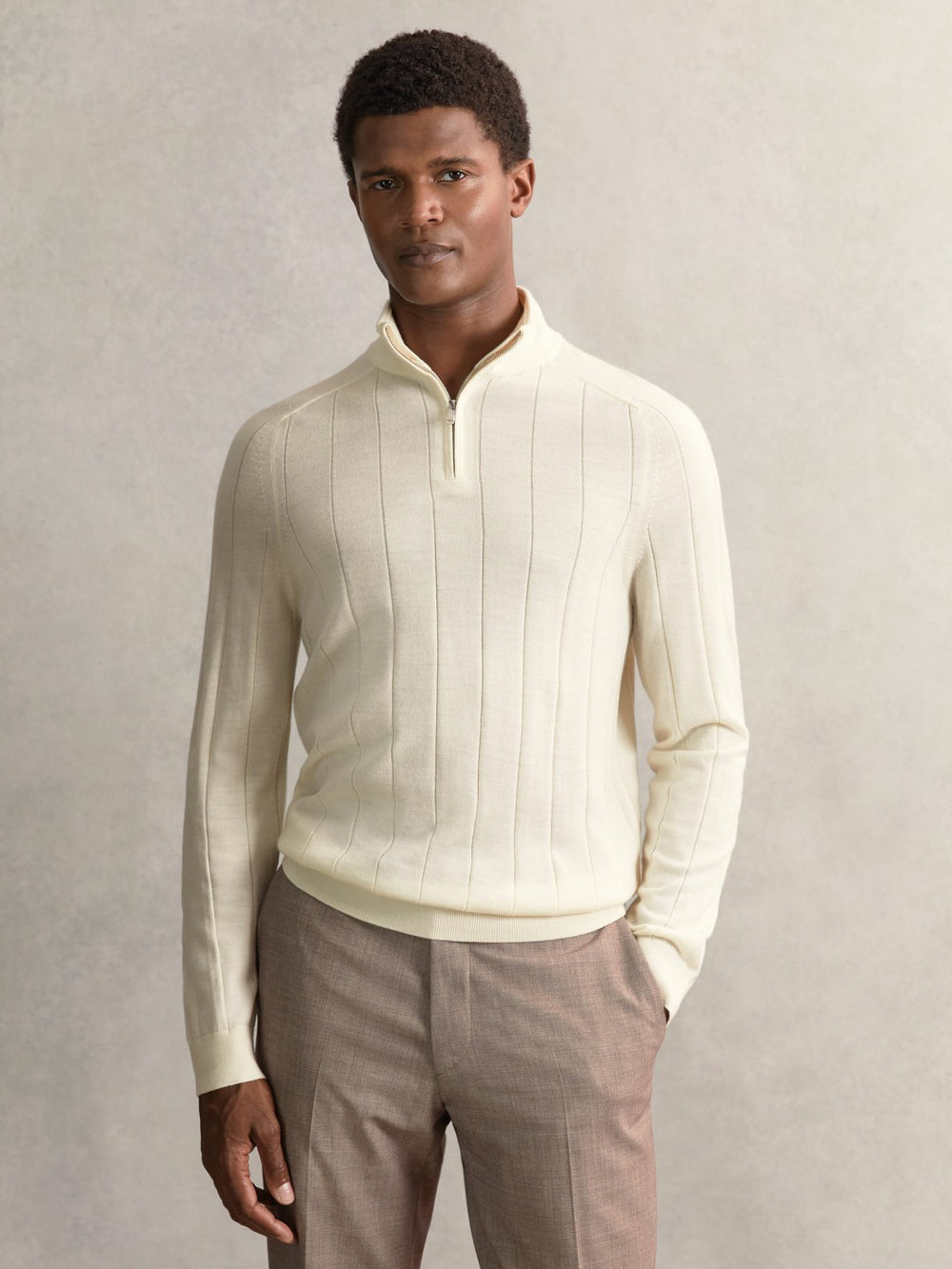 Reiss | Merino Wool Wide-Rib Half-Zip Jumper in Bianco