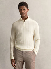 Reiss | Merino Wool Wide-Rib Half-Zip Jumper in Bianco