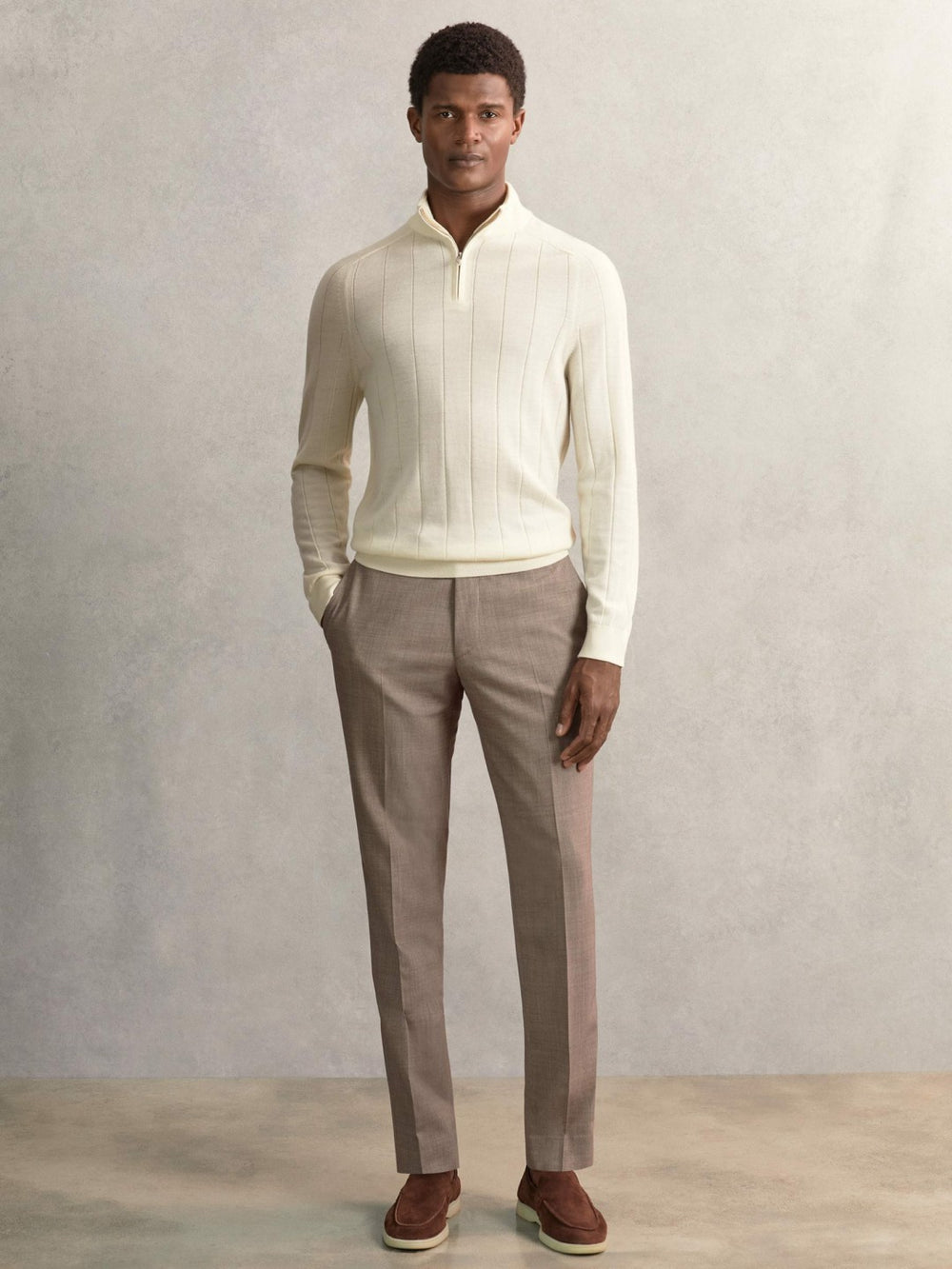 Reiss | Merino Wool Wide-Rib Half-Zip Jumper in Bianco