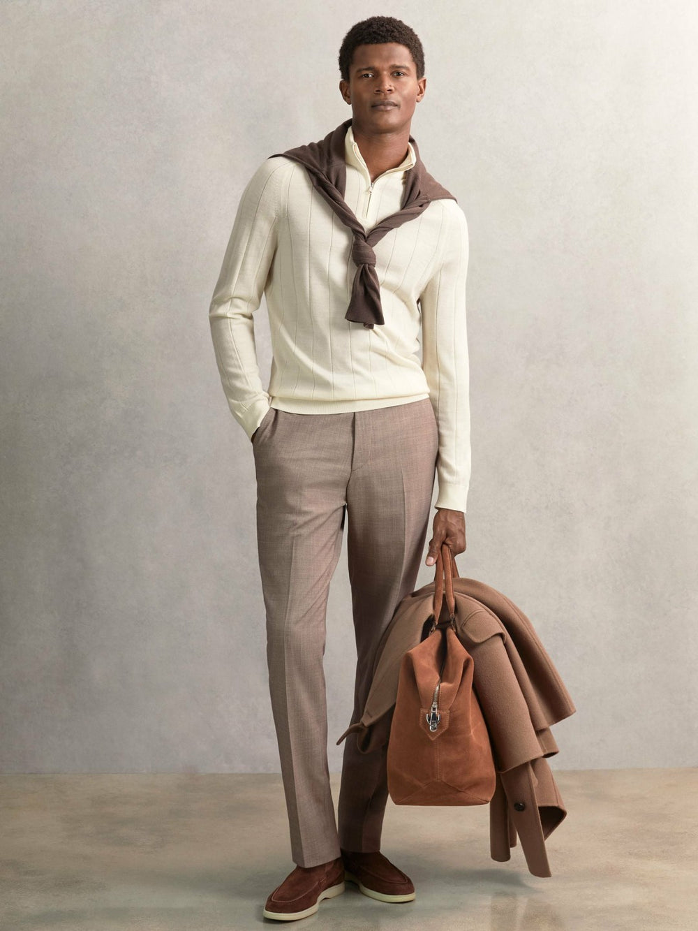 Reiss | Merino Wool Wide-Rib Half-Zip Jumper in Bianco