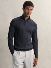 Reiss | Merino Wool Wide-Rib Half-Zip Jumper in Airforce Blue
