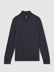 Reiss | Merino Wool Wide-Rib Half-Zip Jumper in Airforce Blue