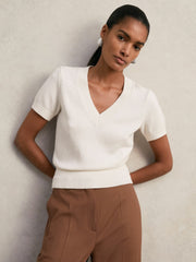 Reiss | Cotton-Wool Knit V-Neck Top in Ivory