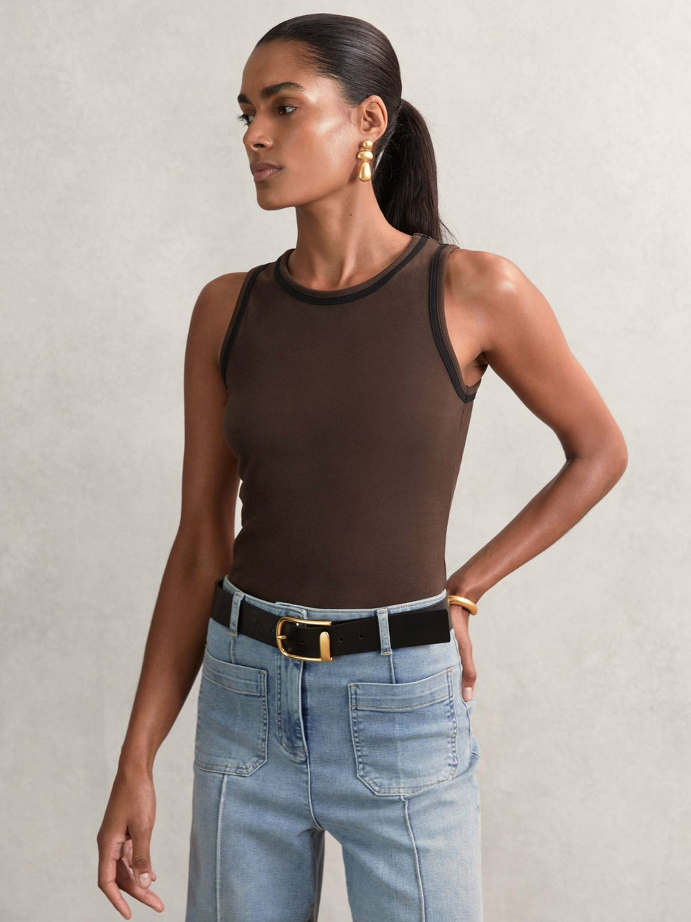Reiss | Stretch-Cotton Jersey Tipped Vest in Chocolate Brown/Black