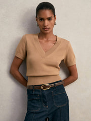 Reiss | Cotton-Wool Knit V-Neck Top in Camel