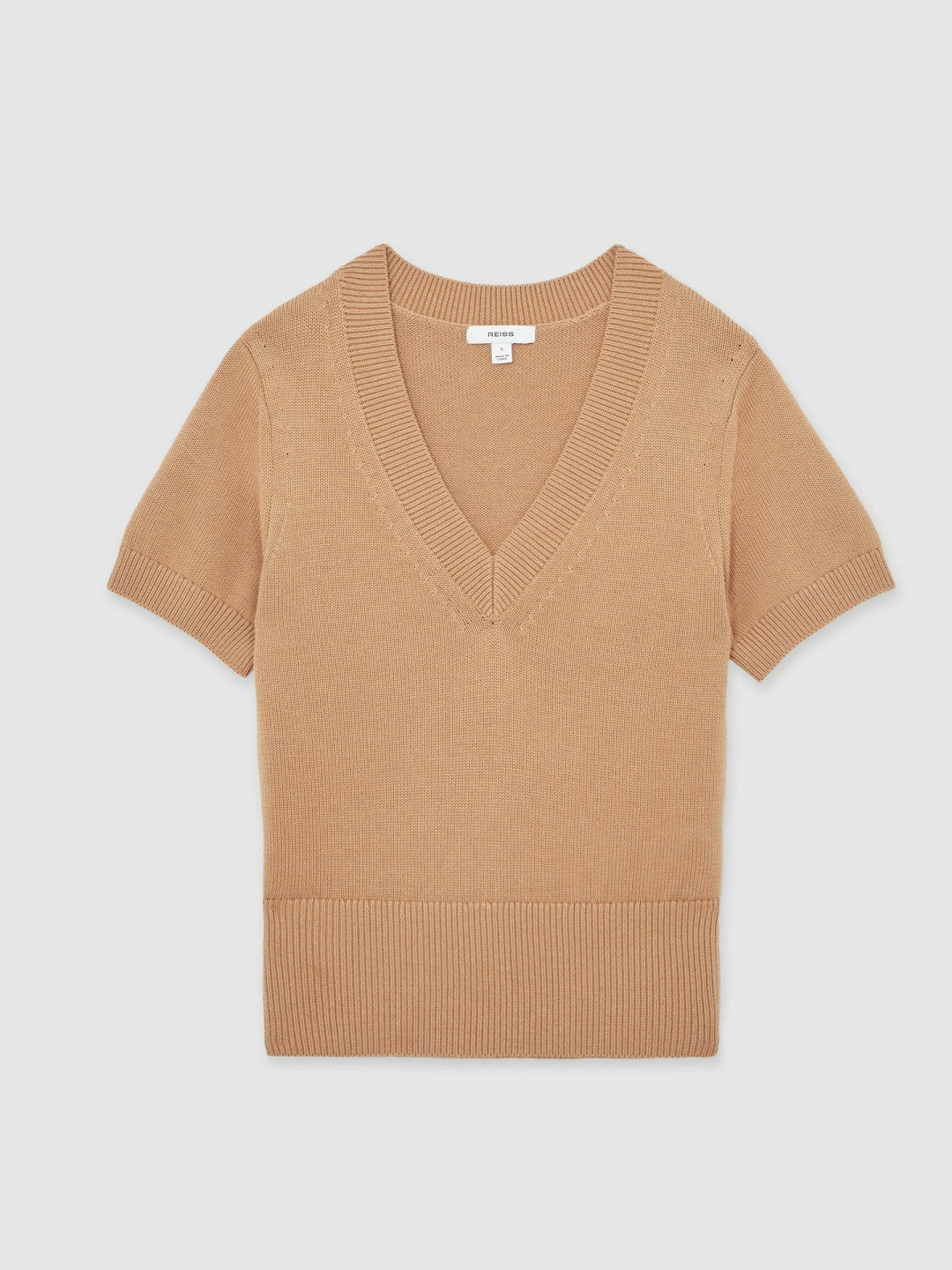 Reiss | Cotton-Wool Knit V-Neck Top in Camel