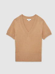 Reiss | Cotton-Wool Knit V-Neck Top in Camel