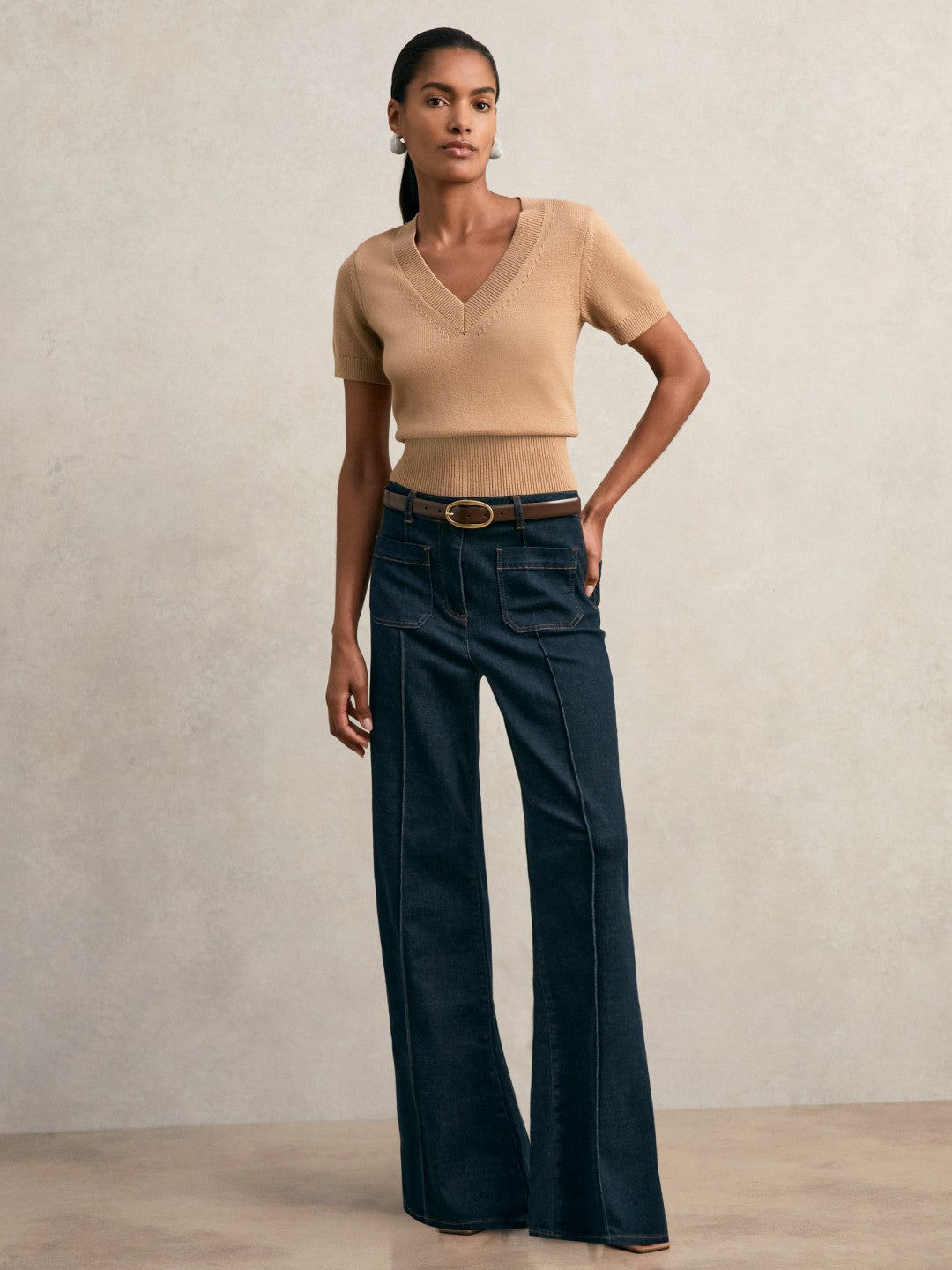 Reiss | Cotton-Wool Knit V-Neck Top in Camel