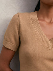 Reiss | Cotton-Wool Knit V-Neck Top in Camel