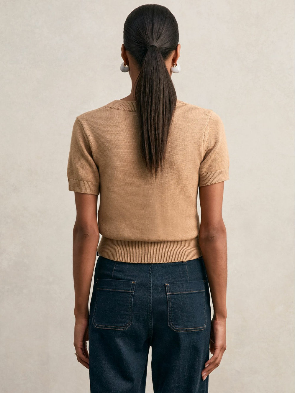 Reiss | Cotton-Wool Knit V-Neck Top in Camel