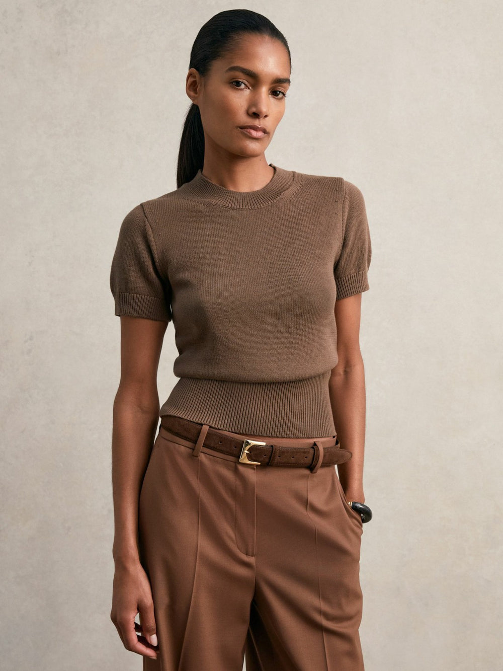 Reiss | Cotton And Wool Crew-Neck Top in Brown