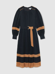 Reiss | Colour-Block Pleated Midi Dress in Navy/Camel