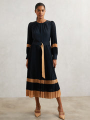 Reiss | Colour-Block Pleated Midi Dress in Navy/Camel