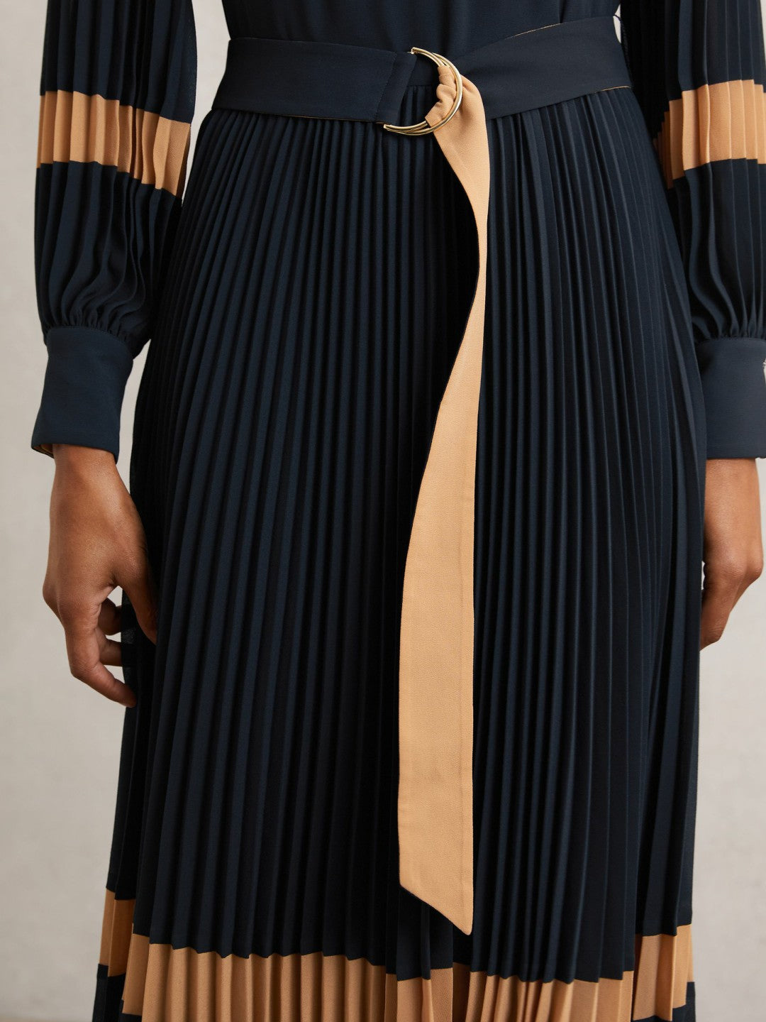 Reiss | Colour-Block Pleated Midi Dress in Navy/Camel