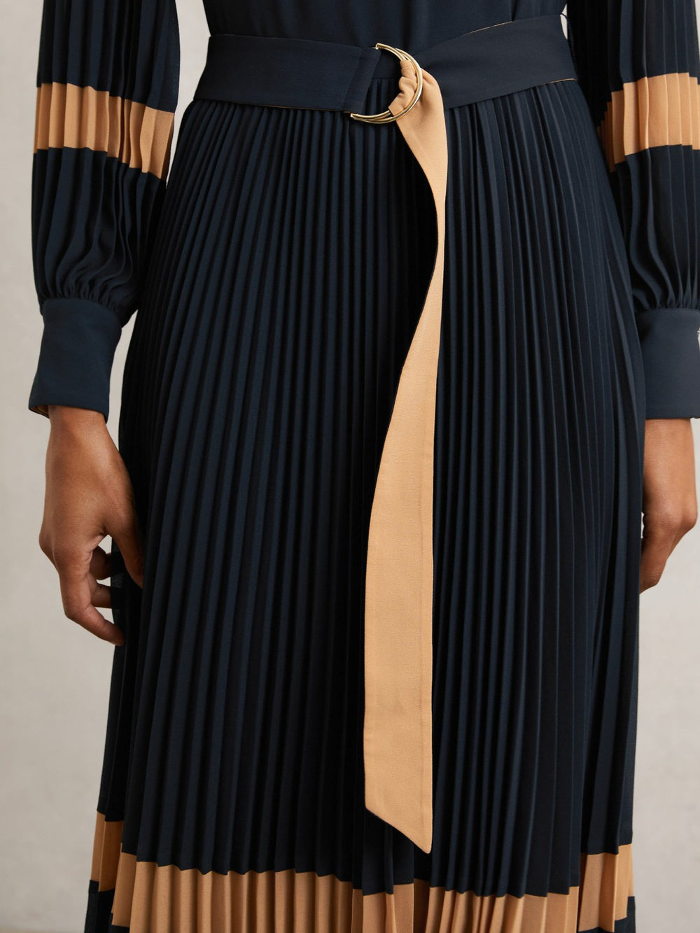 Reiss | Colour-Block Pleated Midi Dress in Navy/Camel
