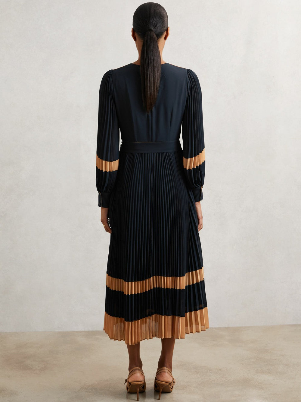 Reiss | Colour-Block Pleated Midi Dress in Navy/Camel