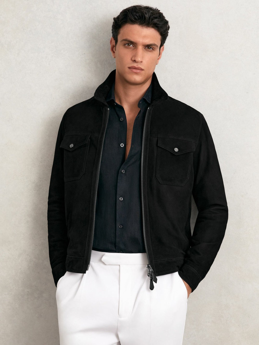 Reiss | Suede Zip Through Jacket in Black