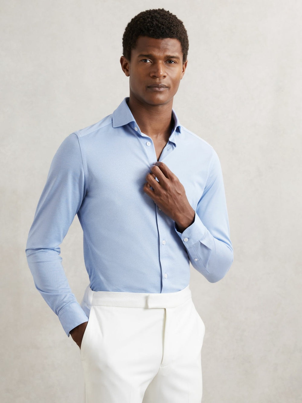 Reiss | Cotton-Blend Jersey Cutaway-Collar Shirt in Soft Blue