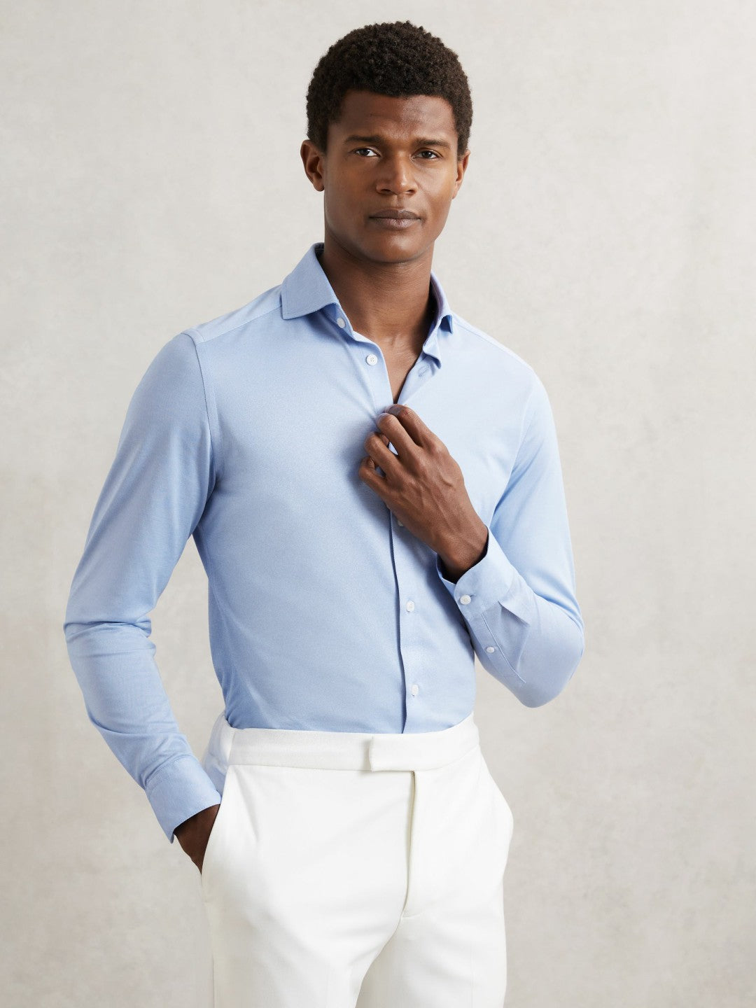 Reiss | Cotton-Blend Jersey Cutaway-Collar Shirt in Soft Blue