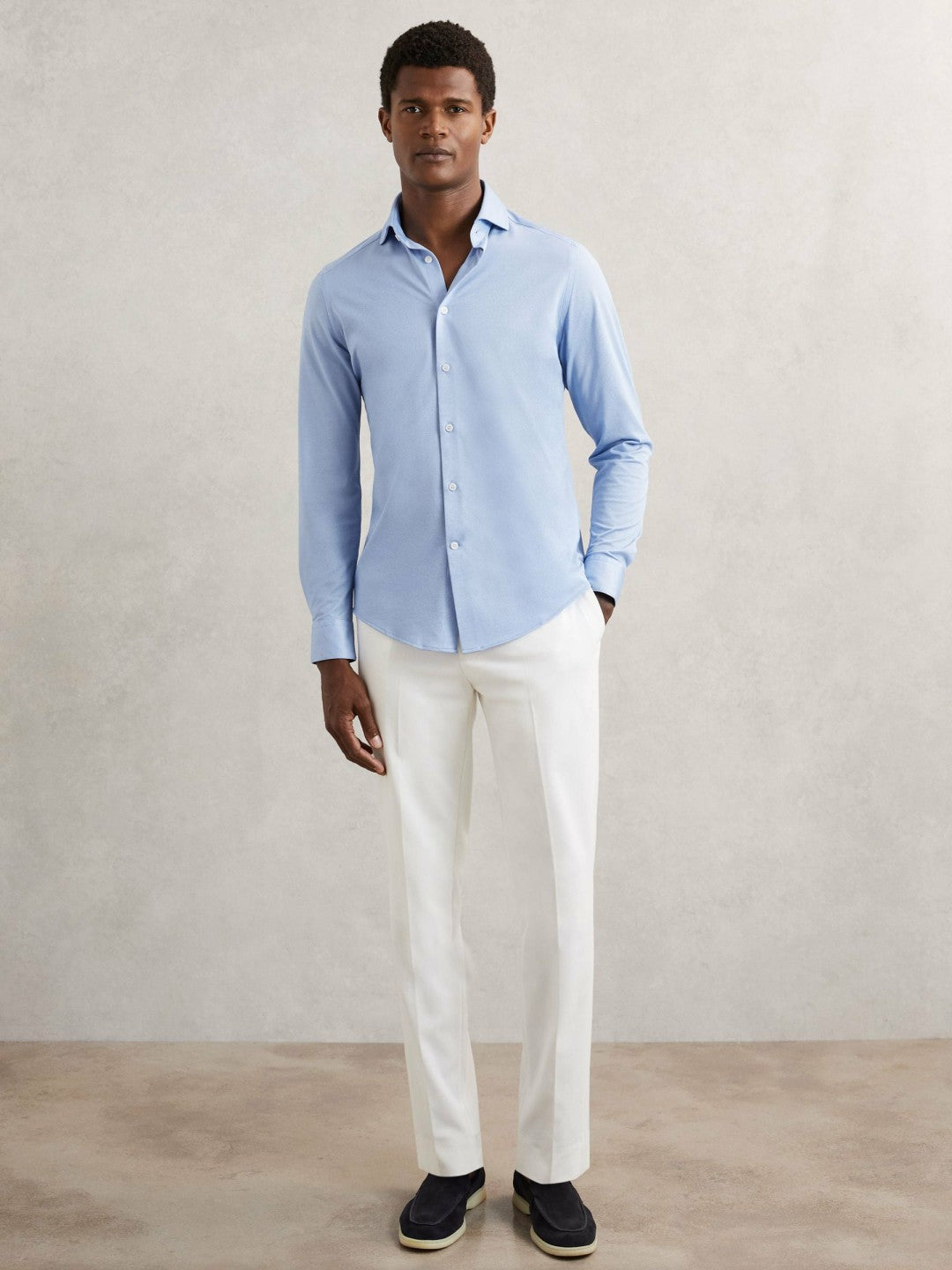 Reiss | Cotton-Blend Jersey Cutaway-Collar Shirt in Soft Blue