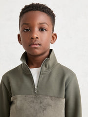 Reiss | 9-13 yrs Slim Fit Half-Zip Funnel Neck Velour Sweatshirt in Dark Sage Green