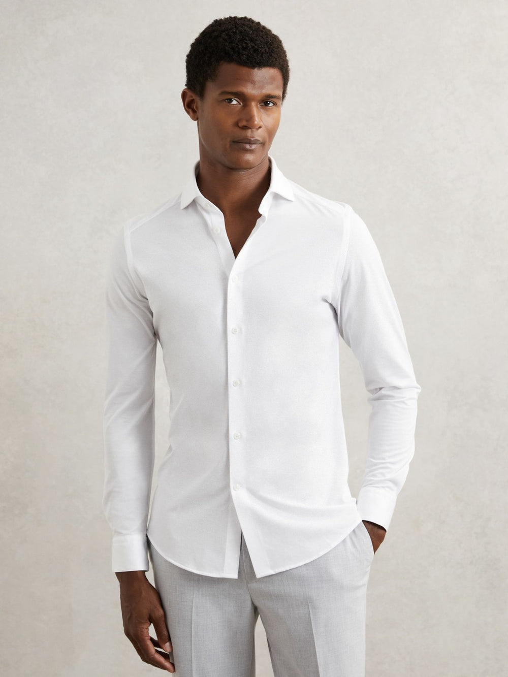 Reiss | Cotton-Blend Jersey Cutaway-Collar Shirt in White