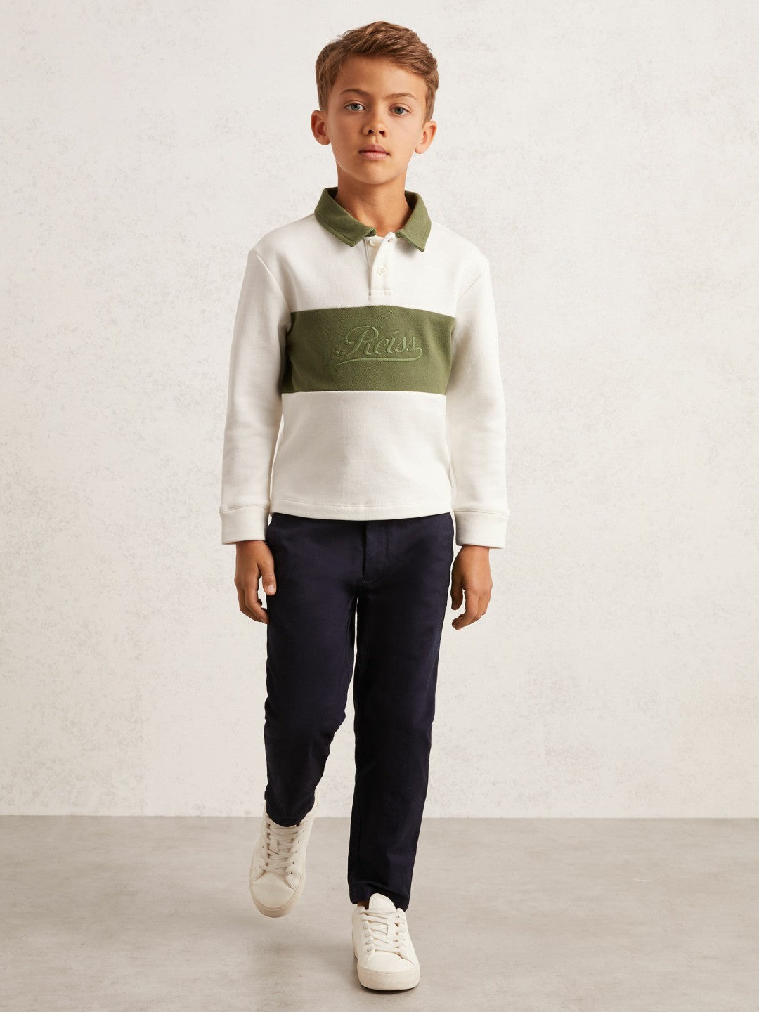 Reiss | 13-14 yrs Cotton Logo-Embroidery Rugby Polo Shirt in Forset Green/White