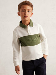 Reiss | 13-14 yrs Cotton Logo-Embroidery Rugby Polo Shirt in Forset Green/White