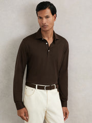 Reiss | Cotton-Jersey Long Sleeve Polo Shirt in Brown