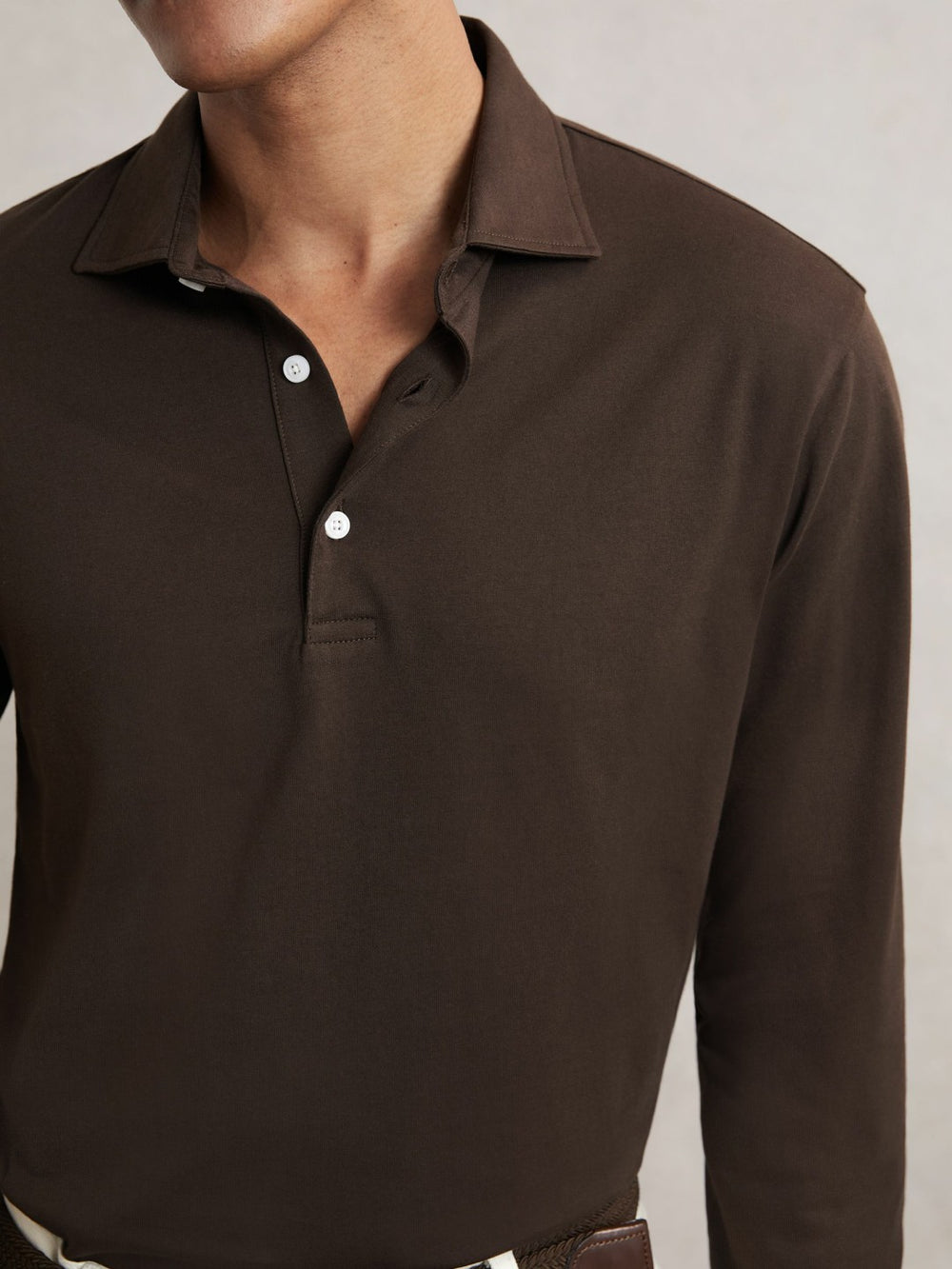 Reiss | Cotton-Jersey Long Sleeve Polo Shirt in Brown