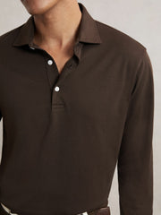 Reiss | Cotton-Jersey Long Sleeve Polo Shirt in Brown