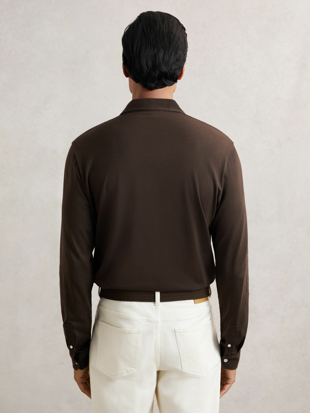 Reiss | Cotton-Jersey Long Sleeve Polo Shirt in Brown