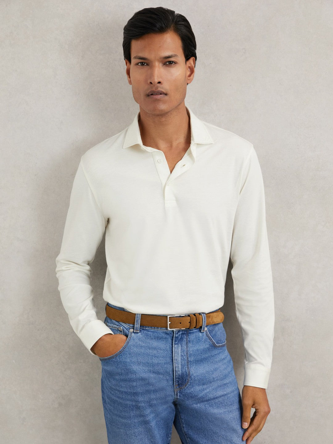Reiss | Cotton-Jersey Long Sleeve Polo Shirt in White