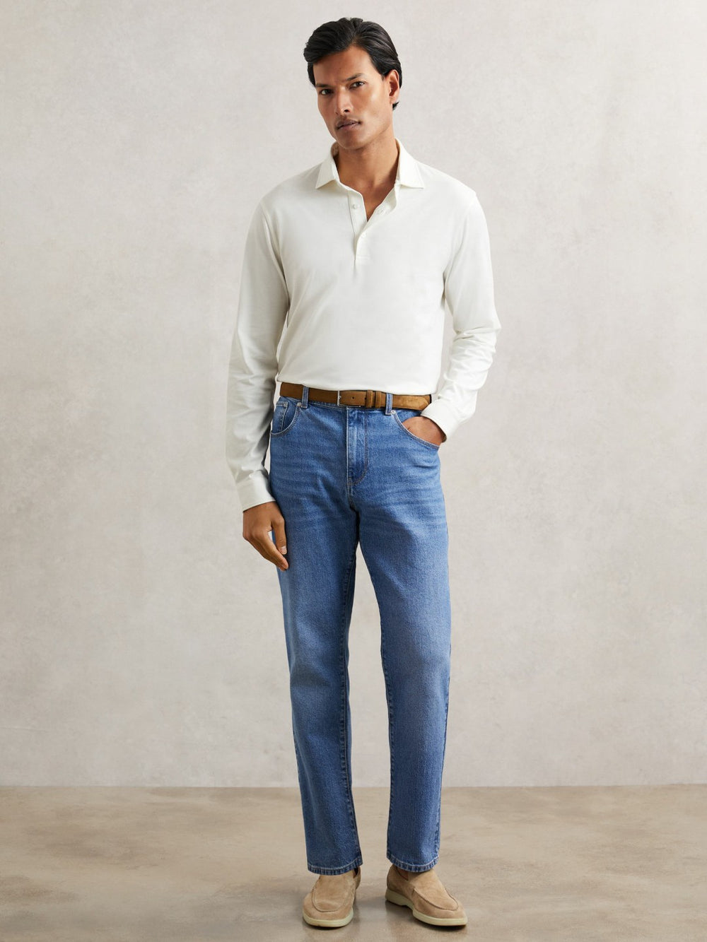 Reiss | Cotton-Jersey Long Sleeve Polo Shirt in White