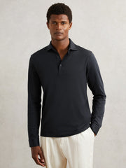 Reiss | Cotton-Jersey Long Sleeve Polo Shirt in Navy