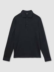 Reiss | Cotton-Jersey Long Sleeve Polo Shirt in Navy