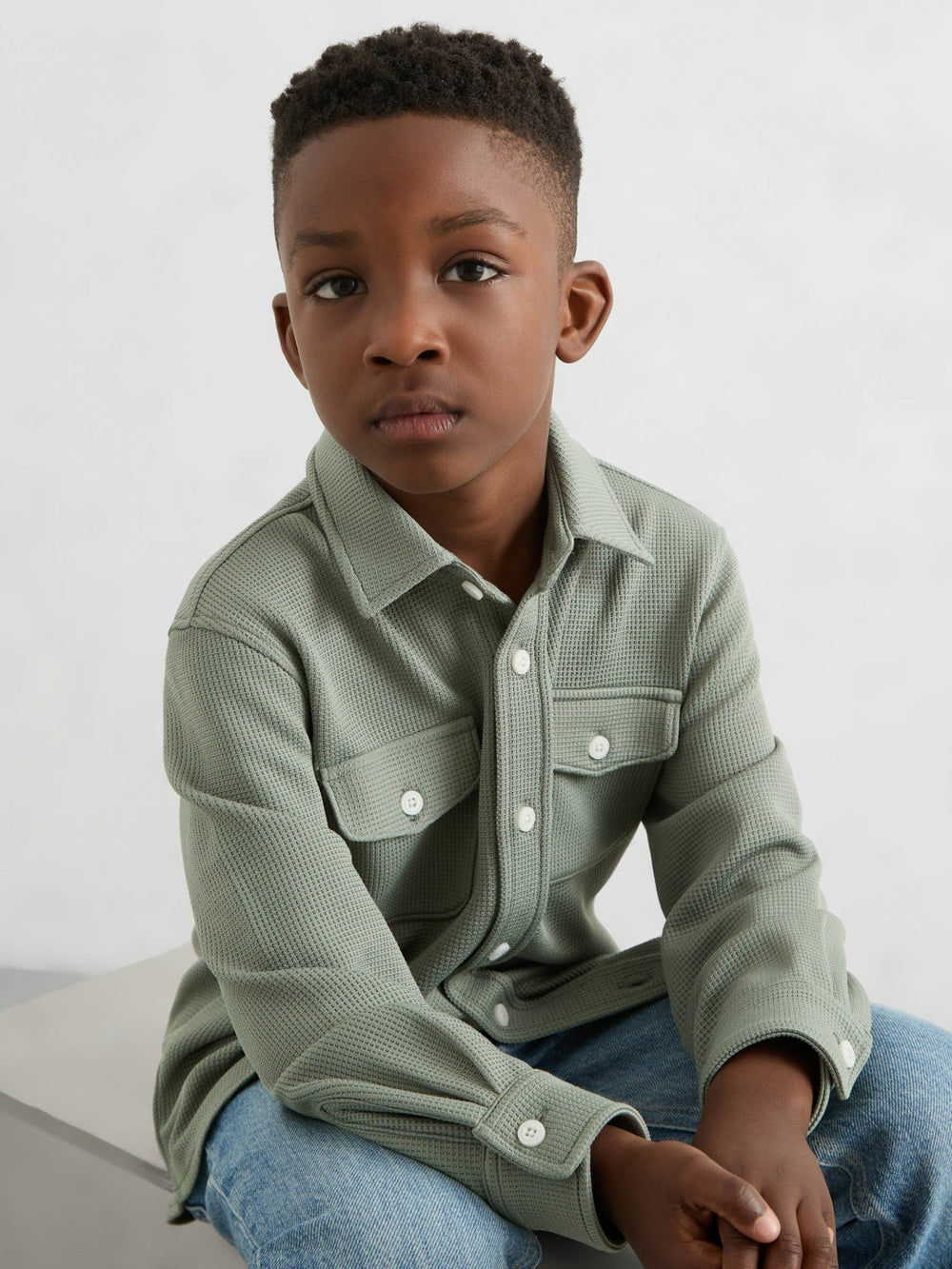 Reiss | 3-9 yrs Waffle-Textured Twin-Pocket Overshirt in Sage