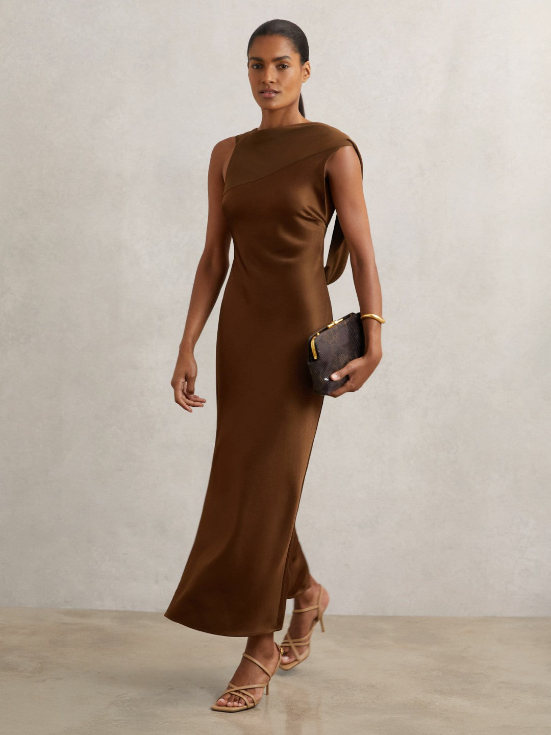 Reiss | Back Detail Midi Dress in Bronze