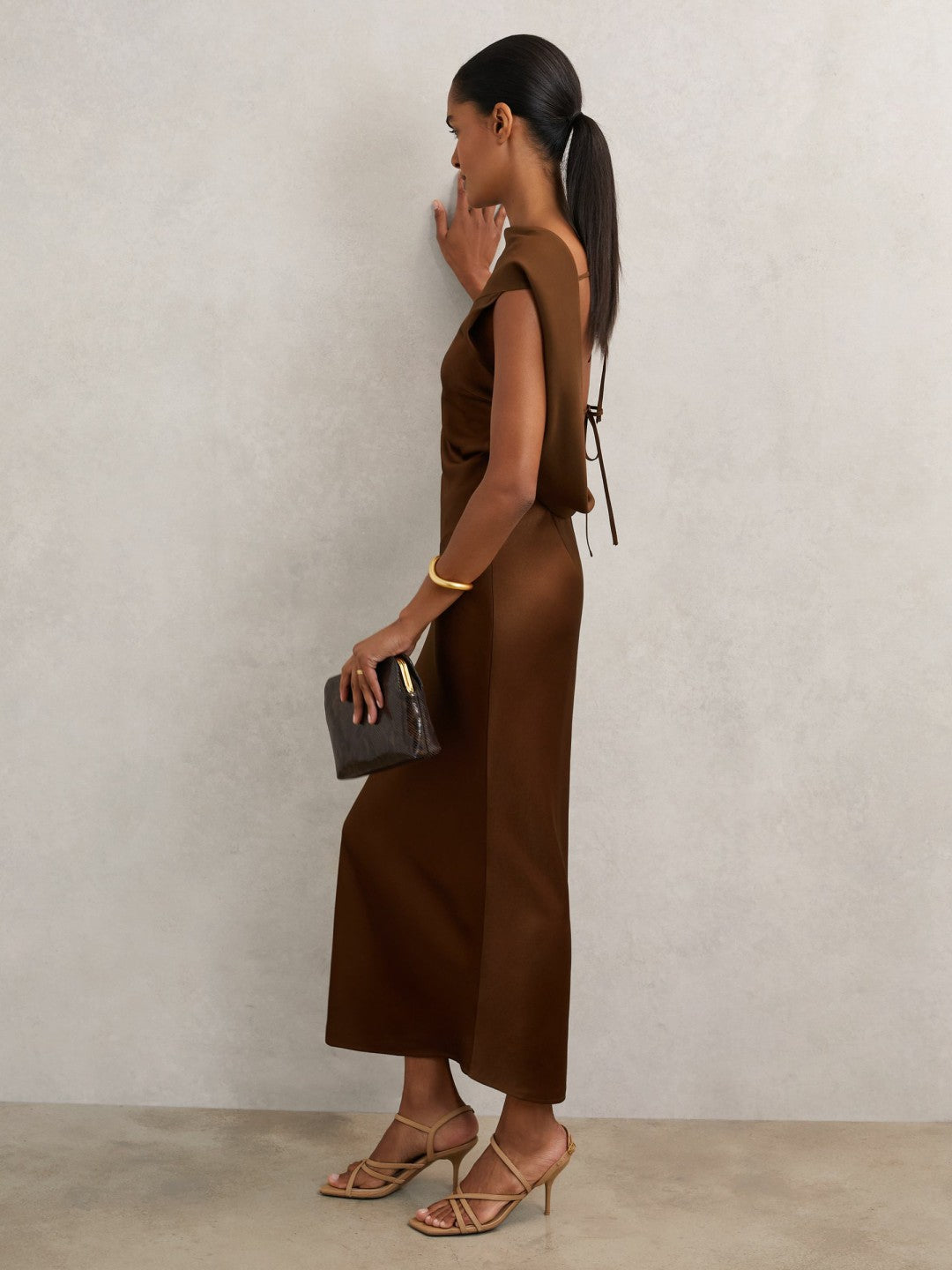 Reiss | Back Detail Midi Dress in Bronze