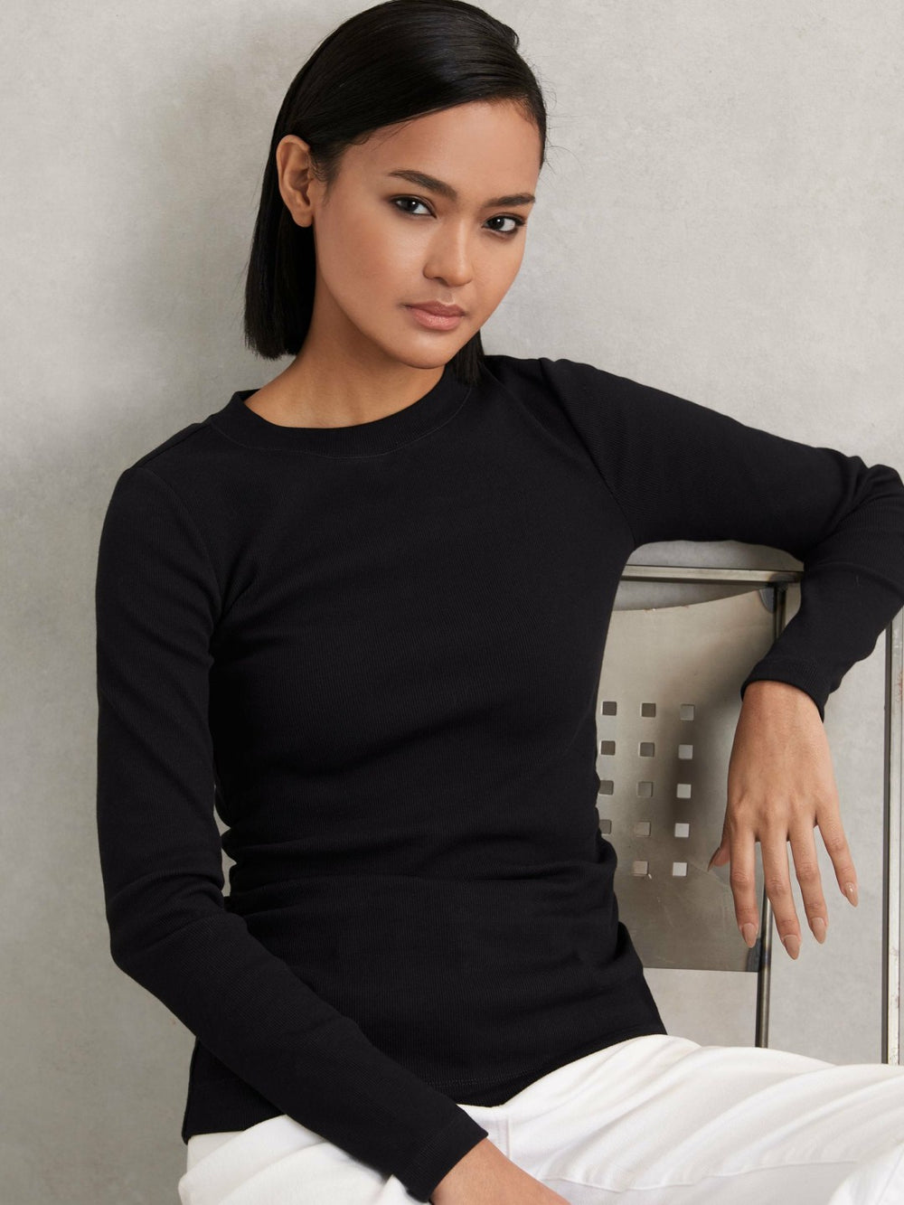 Reiss | Cotton Long-Sleeve Ruched T-Shirt with Stretch in Black