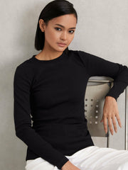 Reiss | Cotton Long-Sleeve Ruched T-Shirt with Stretch in Black