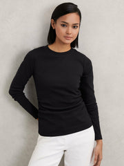 Reiss | Cotton Long-Sleeve Ruched T-Shirt with Stretch in Black