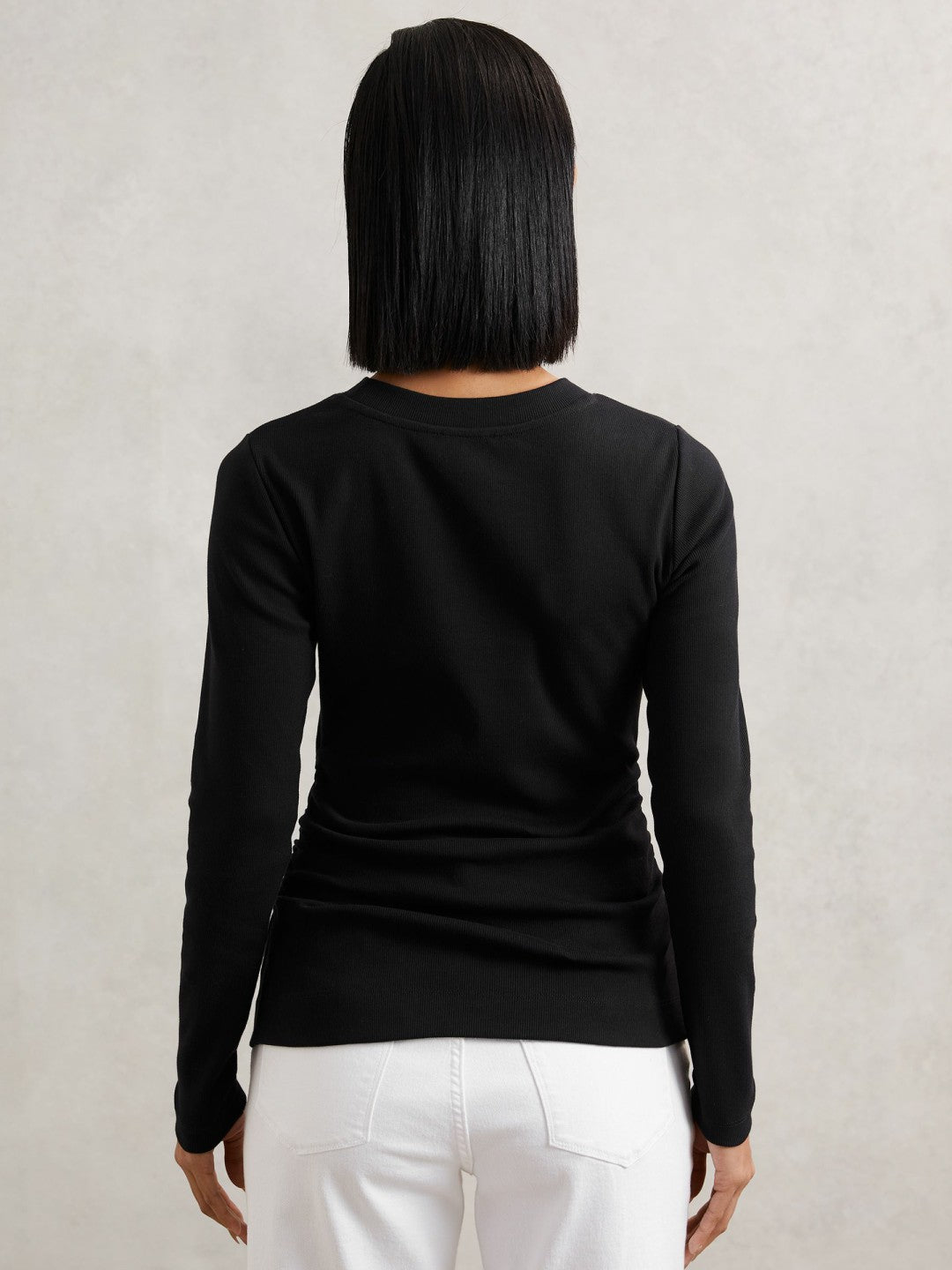 Reiss | Cotton Long-Sleeve Ruched T-Shirt with Stretch in Black