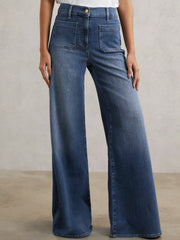 Reiss | Petite Patch Pocket Wide Leg Jeans in Mid Blue