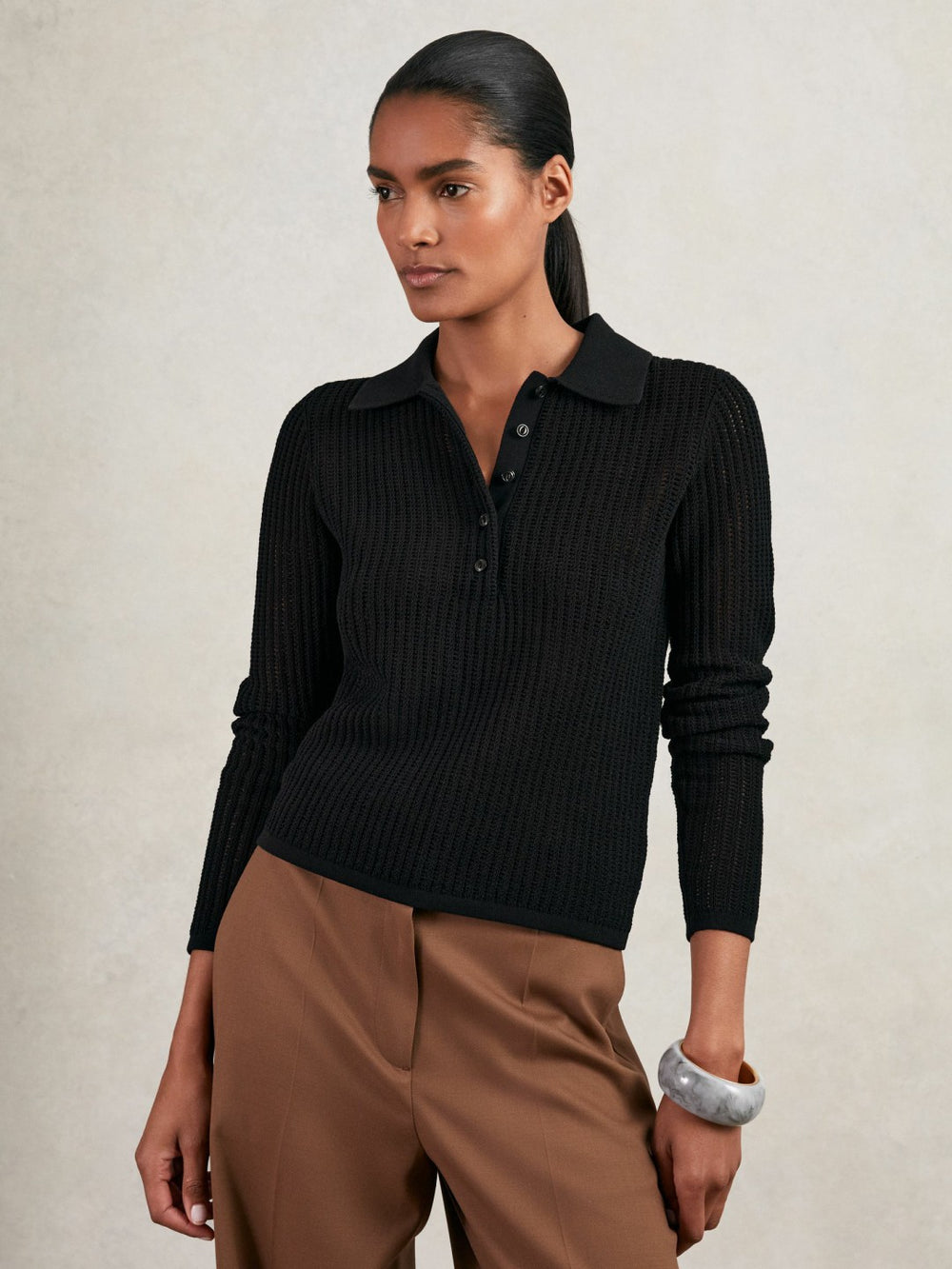 Reiss | Open-Knit Long-Sleeve Polo Top in Black