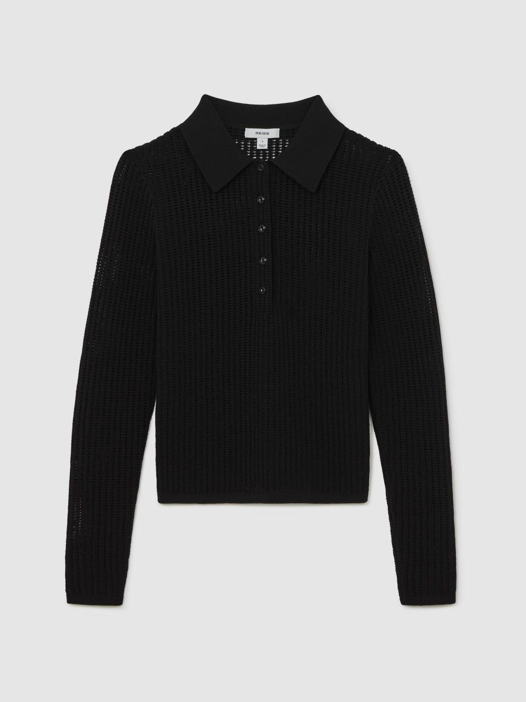 Reiss | Open-Knit Long-Sleeve Polo Top in Black