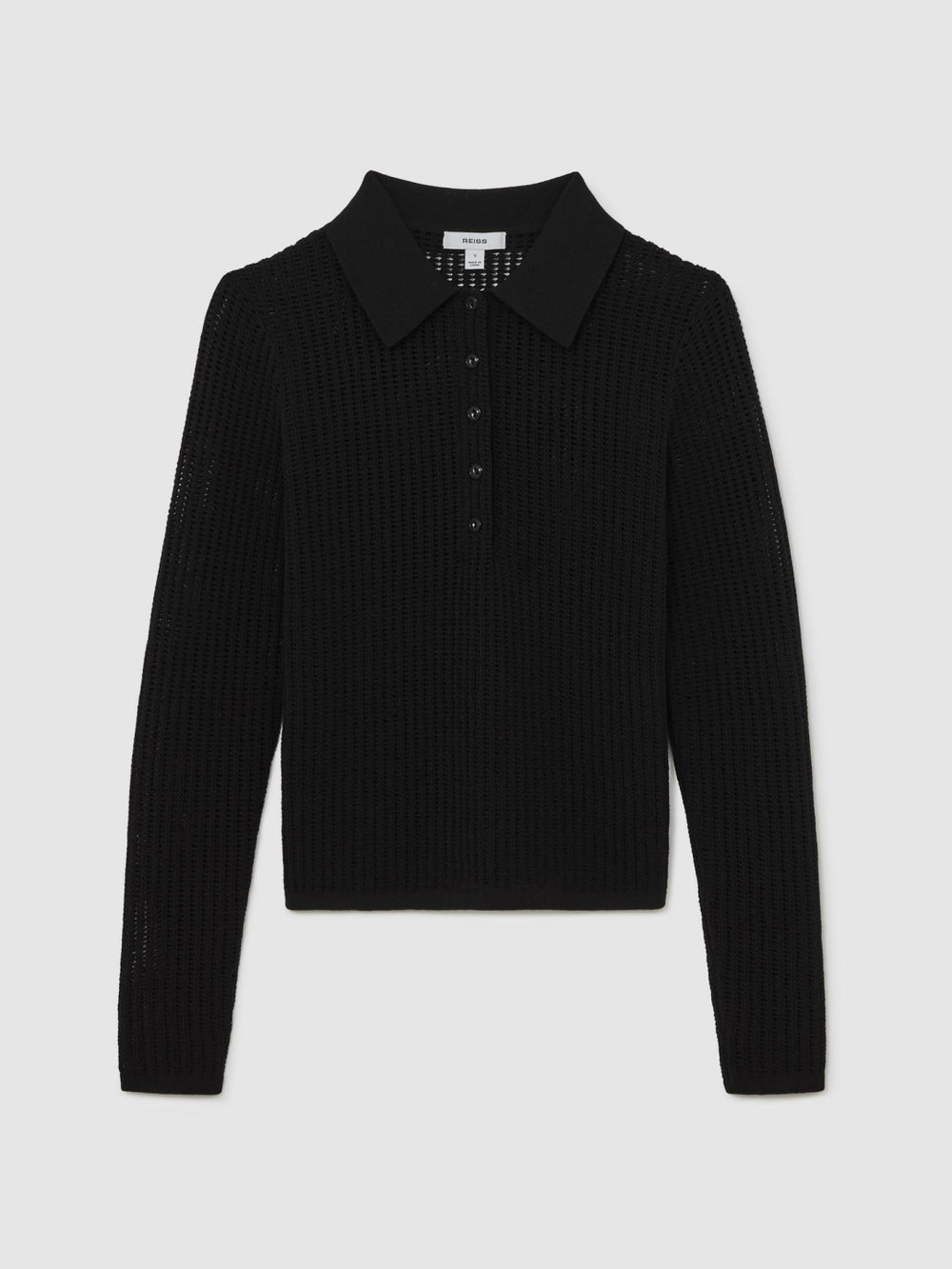 Reiss | Open-Knit Long-Sleeve Polo Top in Black